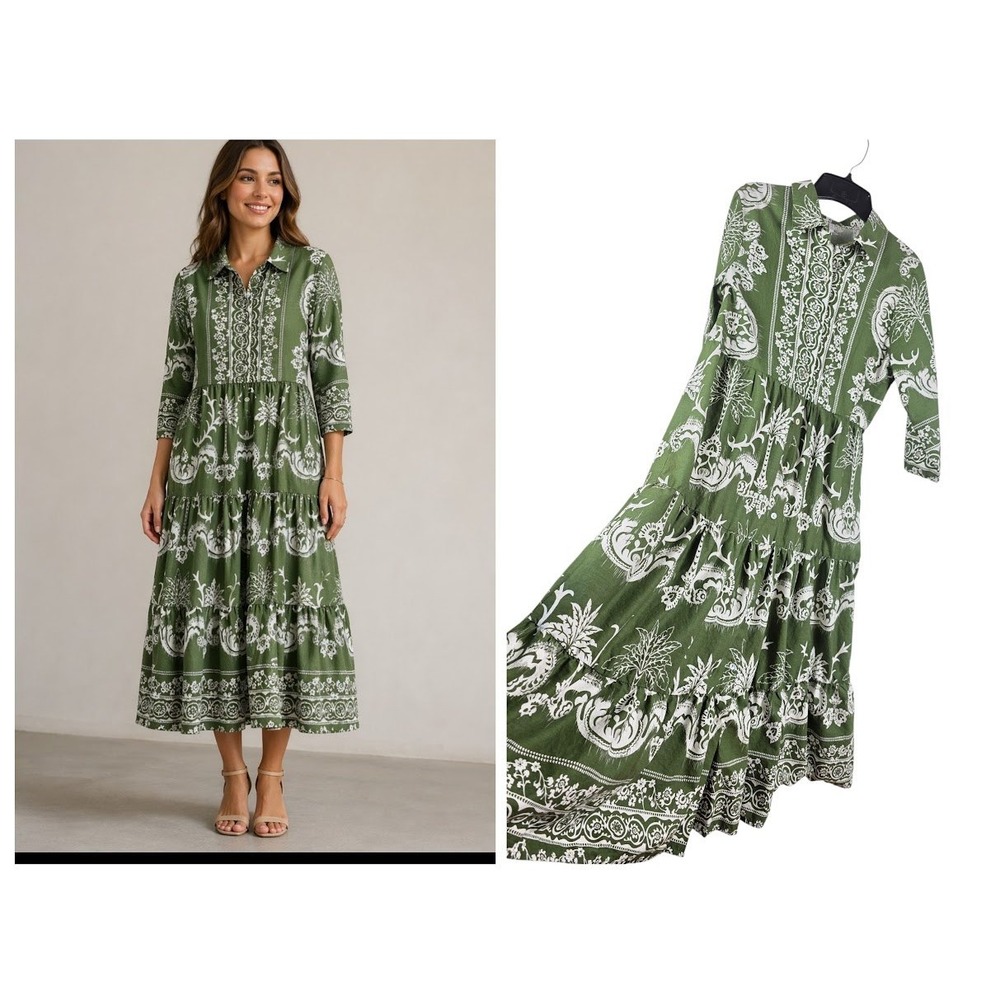 Kaktus Shirt Dress Womens M Green Tropical Palm Tiered Maxi Boho Cotton